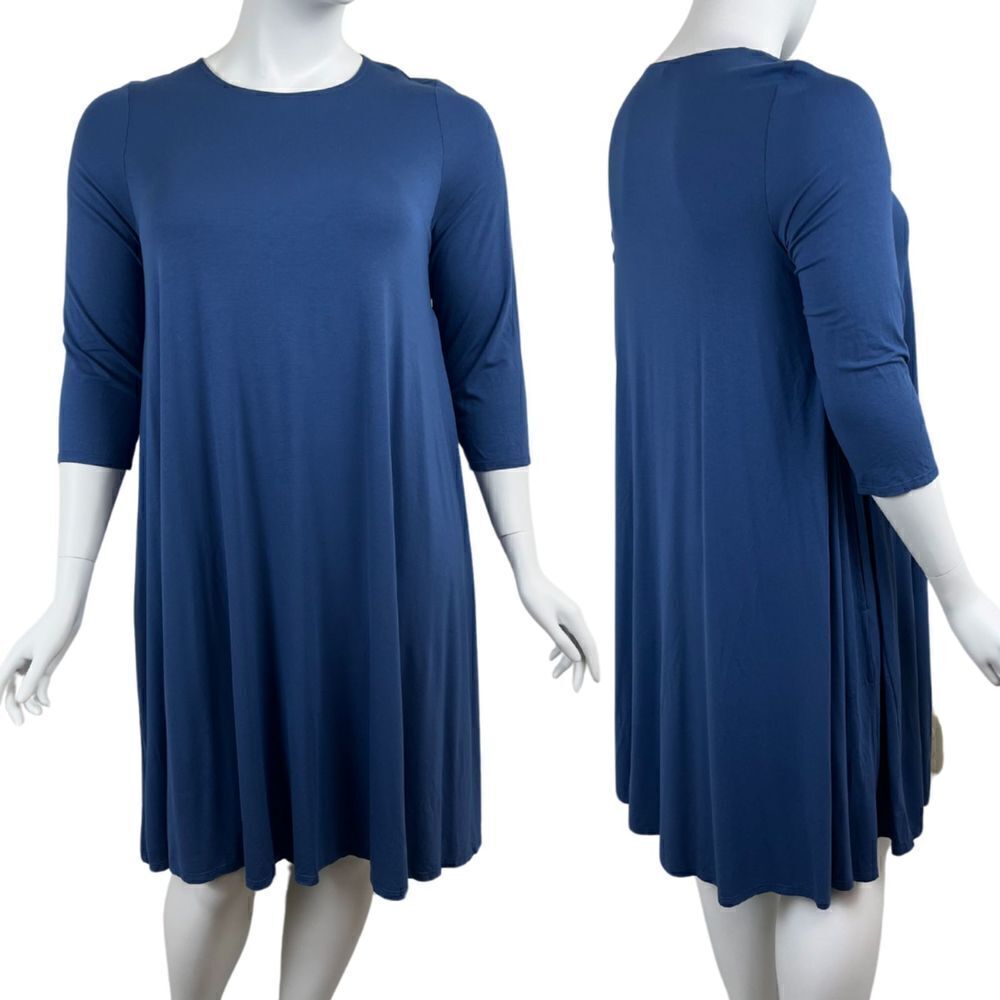 Eileen Fisher Women Size L Blue Jersey Knit Shift Dress 3/4 Sleeve Pockets Relax